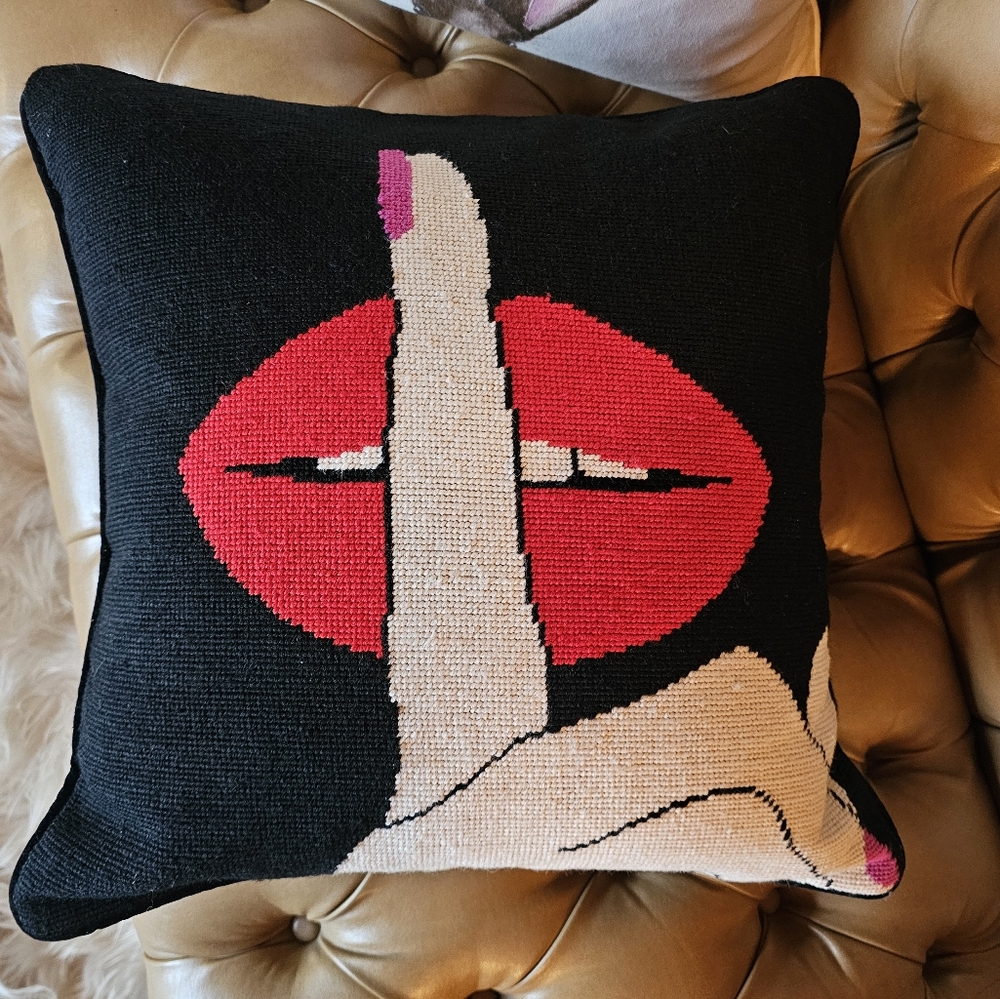 Jonathan Adler Lips Hush Needlepoint Pillow